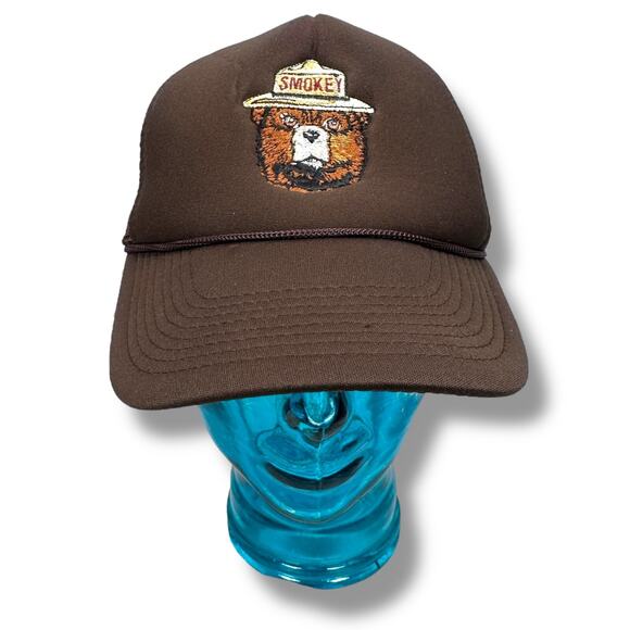 Vintage Nissin Smokey The Bear Snapback Hat Cap Trucker Hat Men Brown Rope Foam - Picture 1 of 9